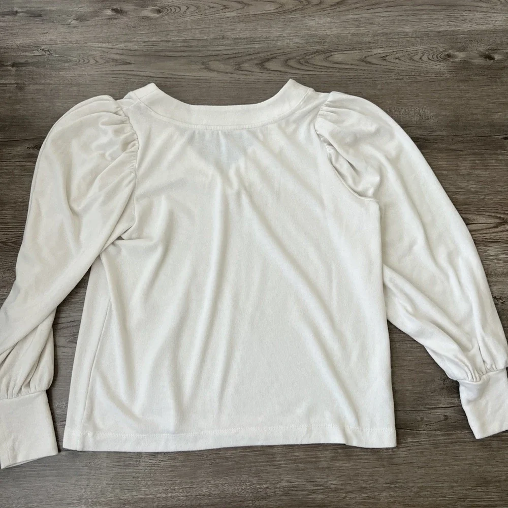 LOFT Long Puff Sleeve V-Neck Soft Knit Blouse Top Womens M Off White